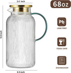 2 PACK Glass Pitcher with Lid,68 oz/ 2 Liter Vertical Stripes Water Pitcher With Green Handle,Glass Water Carafe for Cold Brew,Coffee, Lemonade, Iced Sun Tea,Beverage,Milk Heat Resistant