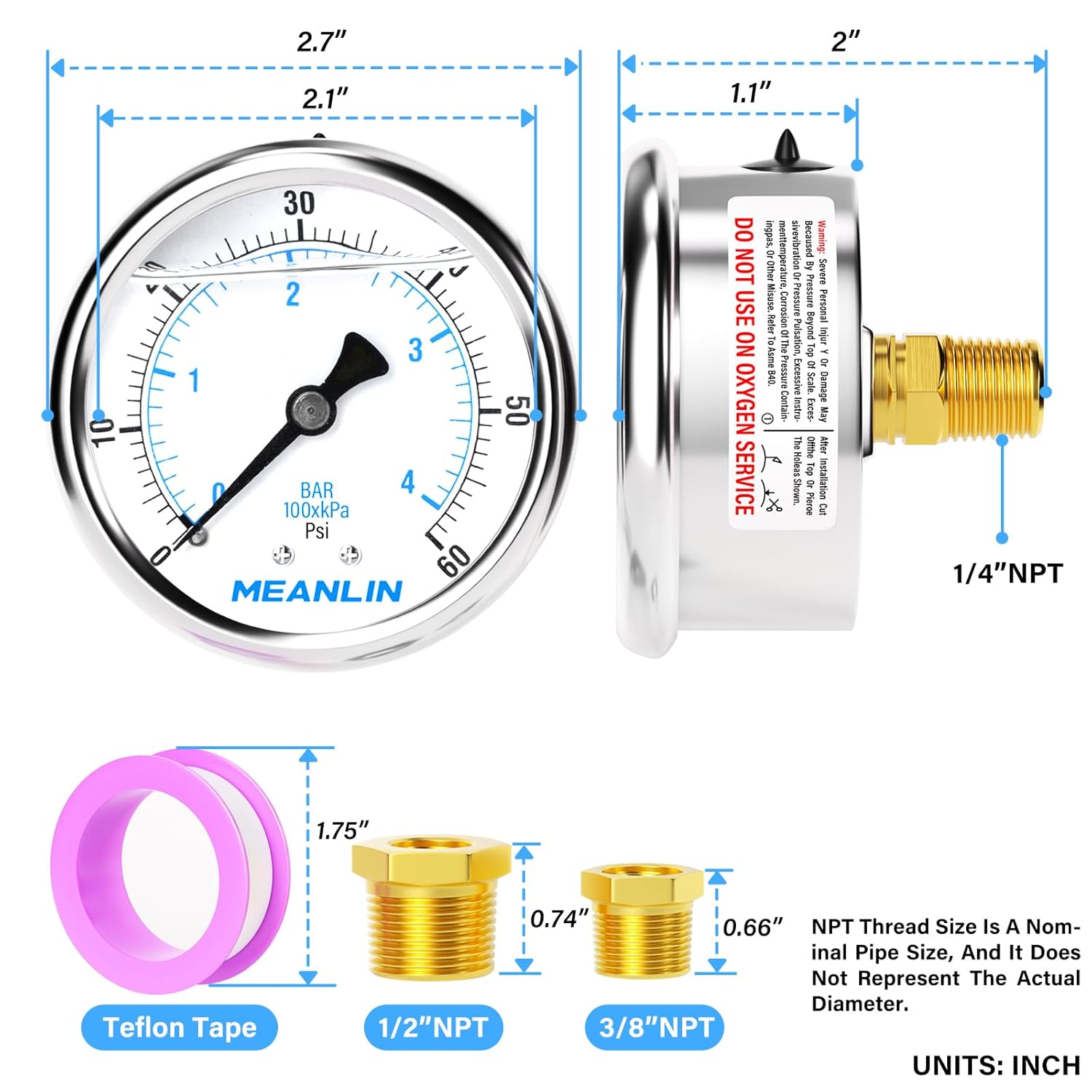 MEANLIN MEASURE 0~60Psi Stainless Steel 1/4" NPT 2.5" FACE DIAL Liquid Filled Pressure Gauge, Pool Sand Filter Pressure Test Center Back Mount, with 1/4" x 1/2" NPT and 1/4" x 3/8" NPT Hex Bushing