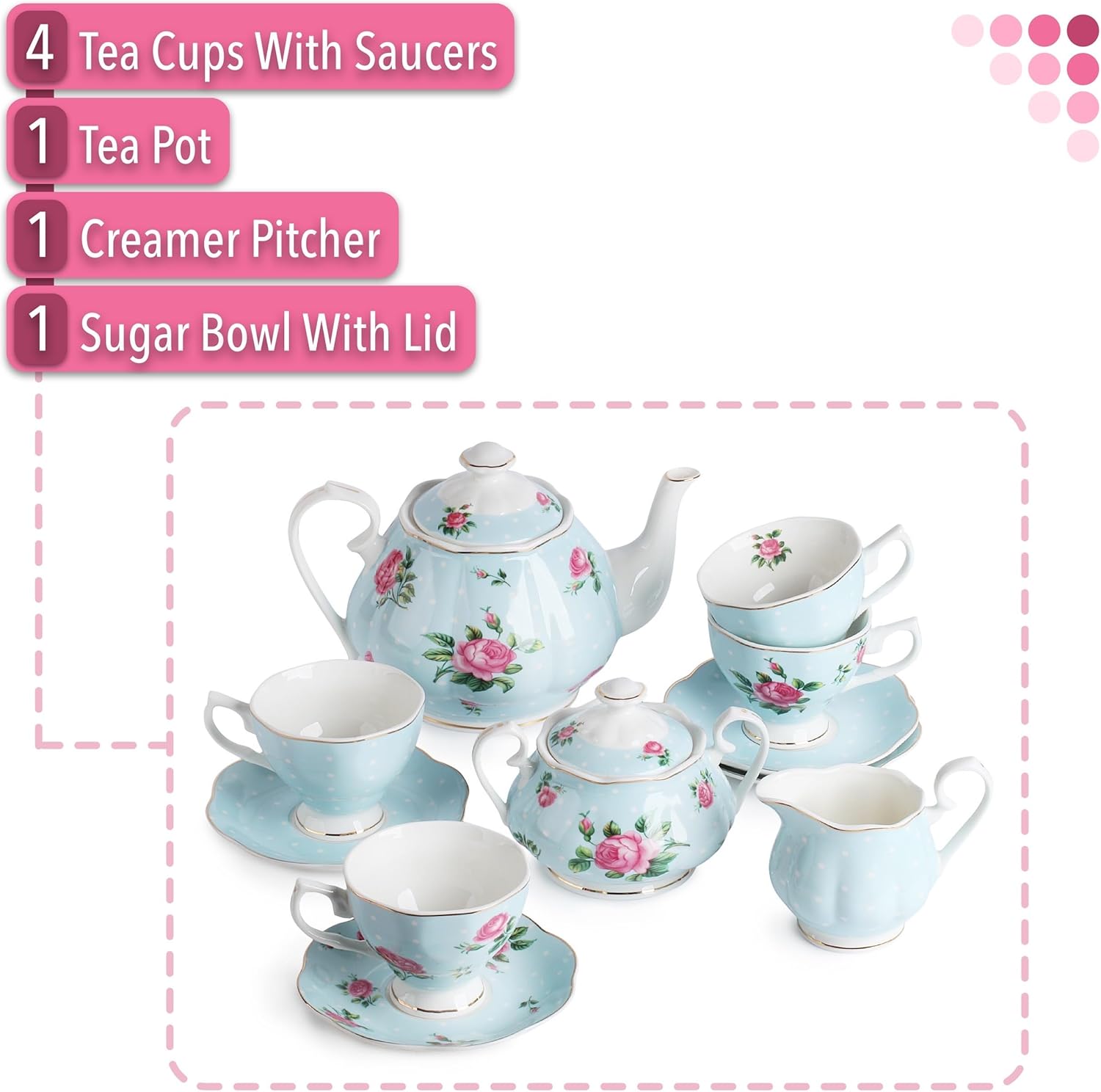 BTaT- Floral Tea Sets for Adults, 13 pcs, Service for 4, Pot (38 oz) & Cups (8 oz) with Saucers, Pastel Blue Floral Design, Porcelain Tea Set for Adult, Dishwasher Safe