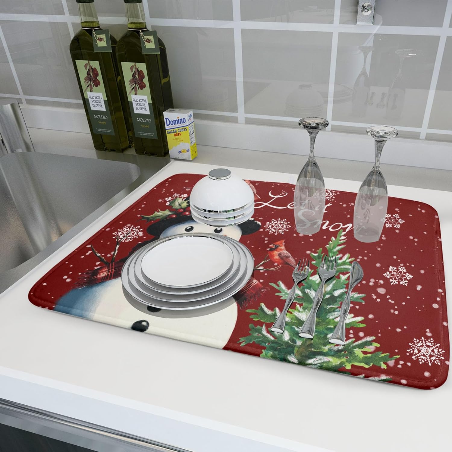Let It Snow Winter Snowflake Red Dish Drying Mat for Kitchen Counter,Xmas Trees Snowman Cardinal Bird Drying Mat 18 x 24 Inch with High Absorbent Microfiber Drainer Mat for Coffee Bar
