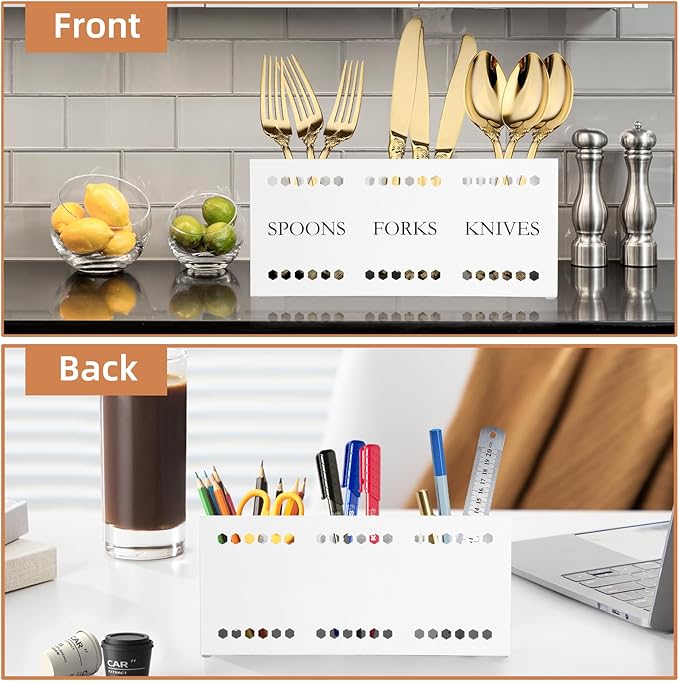 Silverware Caddy Flatware Cutlery Holder Metal Silverware Organizer Containers White Kitchen Utensil Holder for Countertop Spoon and Fork Holder Flatware Utensils Caddy for Party
