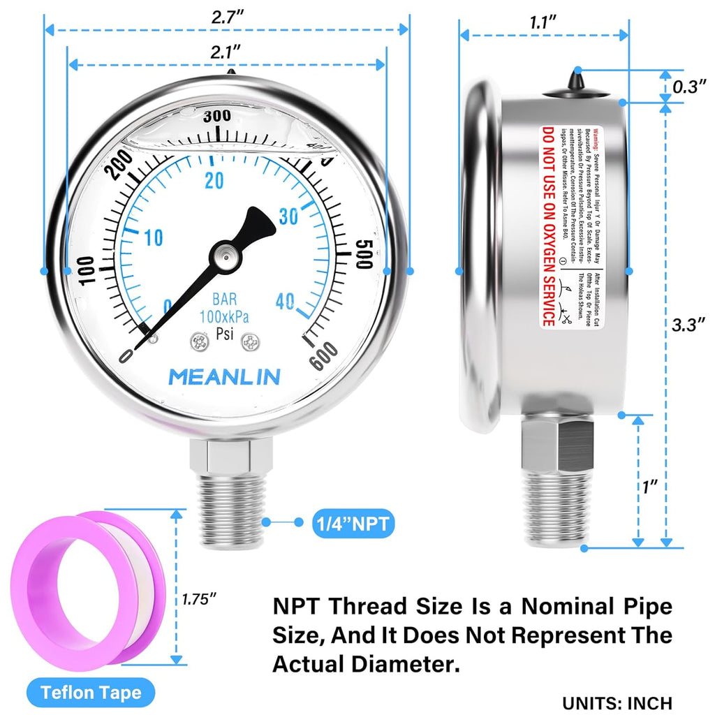 MEANLIN MEASURE 0~600Psi Liquid Filled Pressure Gauge Stainless Steel with 316 Stainless Steel Joint 1/4" NPT 2.5" FACE DIAL for WOG Water Oil Air Lower Mount