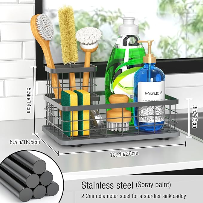 Large Family-Sized Sponge Holder for Kitchen Sink with Brush Holder - Drain-Free Non-Slip Base, 2.6mm Stainless Steel with Grey Rust-Resistant Coating-10.24"L x 6.5"W x 5.83"H Sink Organizer