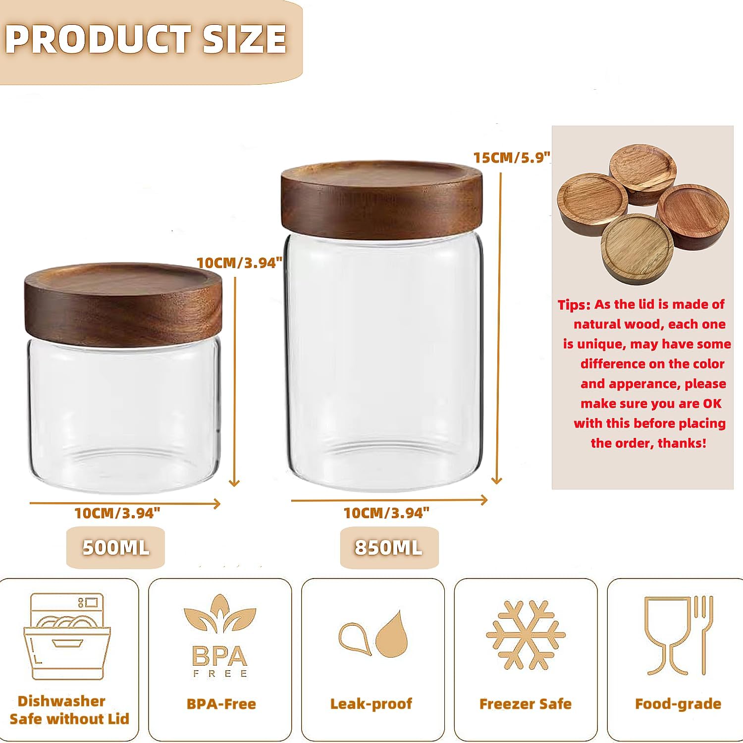 Set of 2 Glass Food Storage Jars, Premium Clear Glass Container Jar with Airtight Wooden Screw Lid, Kitchen Canisters for Coffee,Tea,Pasta,Cookies, Nuts,Spice,Candy,Overnight Oatmeal