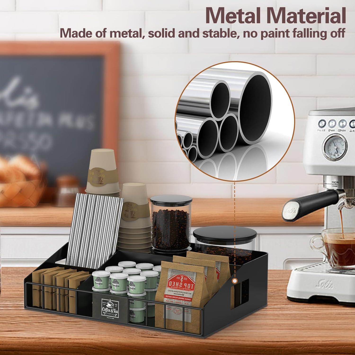 Metal Coffee Station Organizer for Countertop - Coffee Bar Organizer with Designable DIY Logo, K Cup Pods Holder & Tea Condiment Storage - Rustic Breakroom Kitchen Decor in Balck