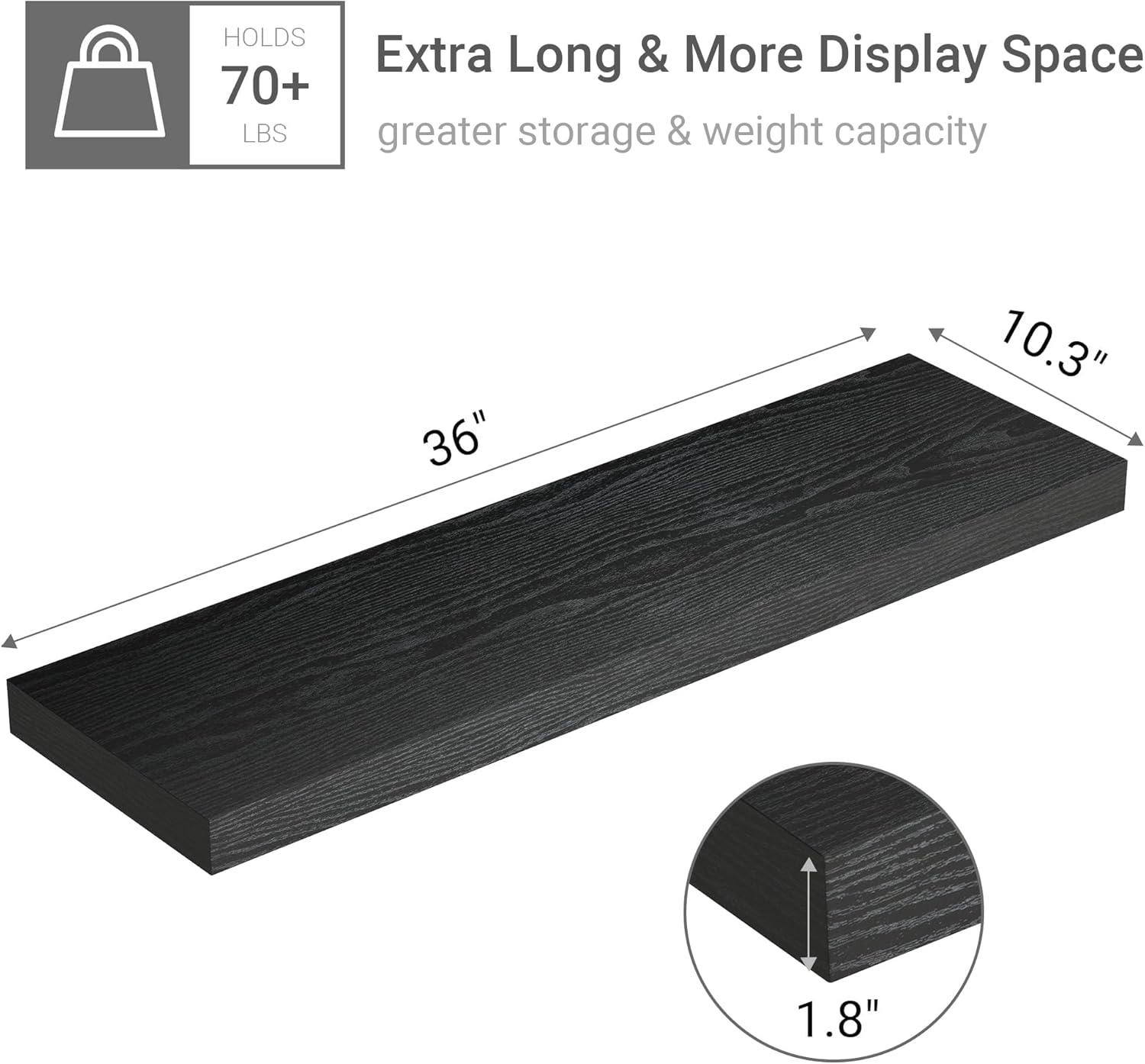 Black Floating Shelves for Wall 10 inch Deep, 36” x 10.3” x 1.8”, Large Wall Shelves for Bedroom, Bathroom, Living Room, Kitchen, Office, Modern Shelf Home Decor with Invisible Bracket