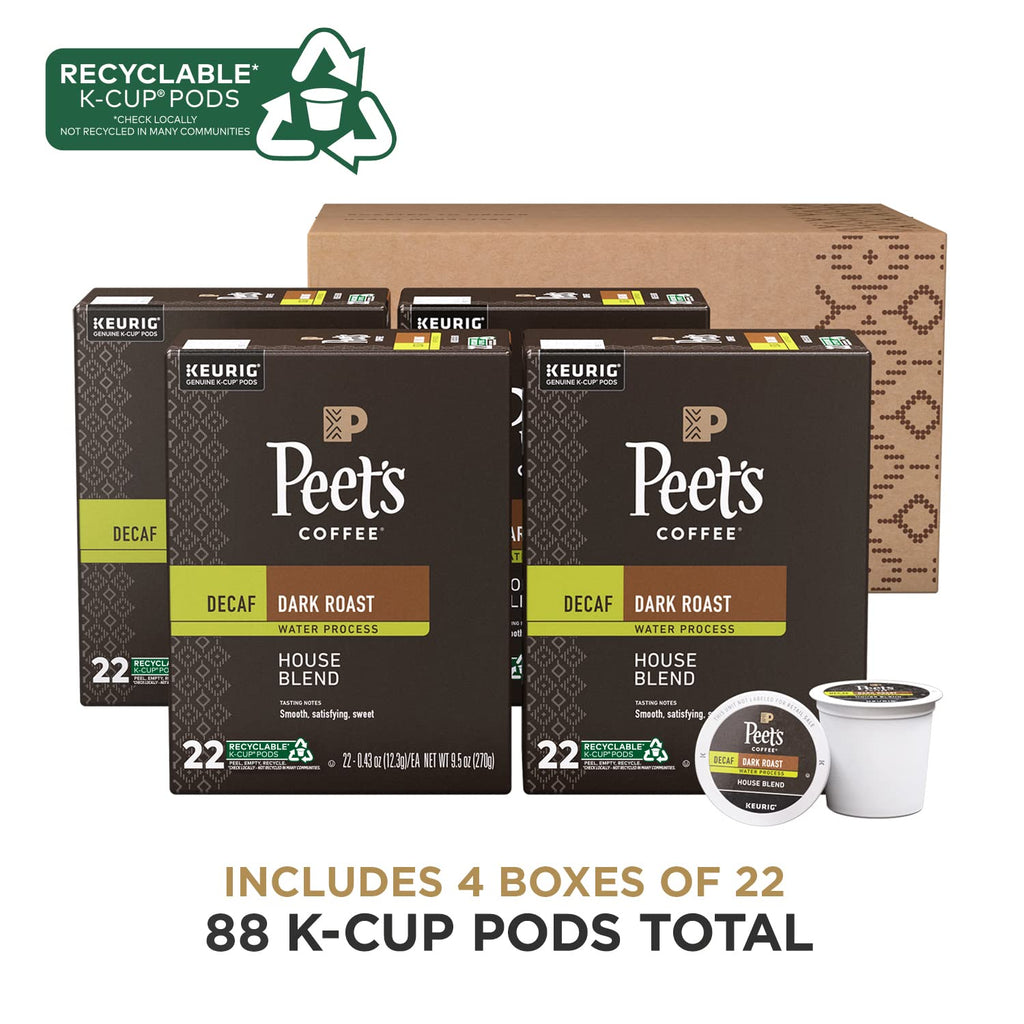 Peet's Coffee, Dark Roast Decaf Keurig K-Cup Pods - Decaf House Blend 88 Count (4 Boxes of 22 K-Cup Pods)