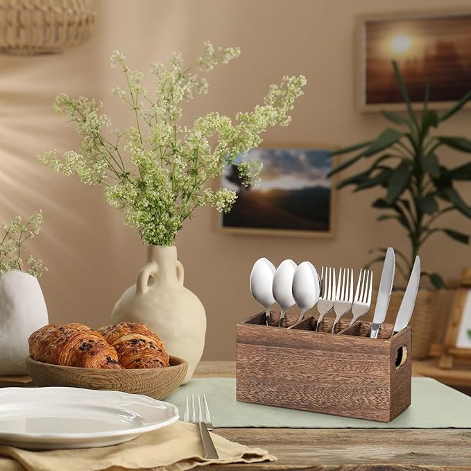Wooden Silverware Holder,Kitchen Utensil Caddy with 3 Compartments,Cutlery Storage Organizer Countertop,Flatware Organizer for Party,Spoon, Fork Holder