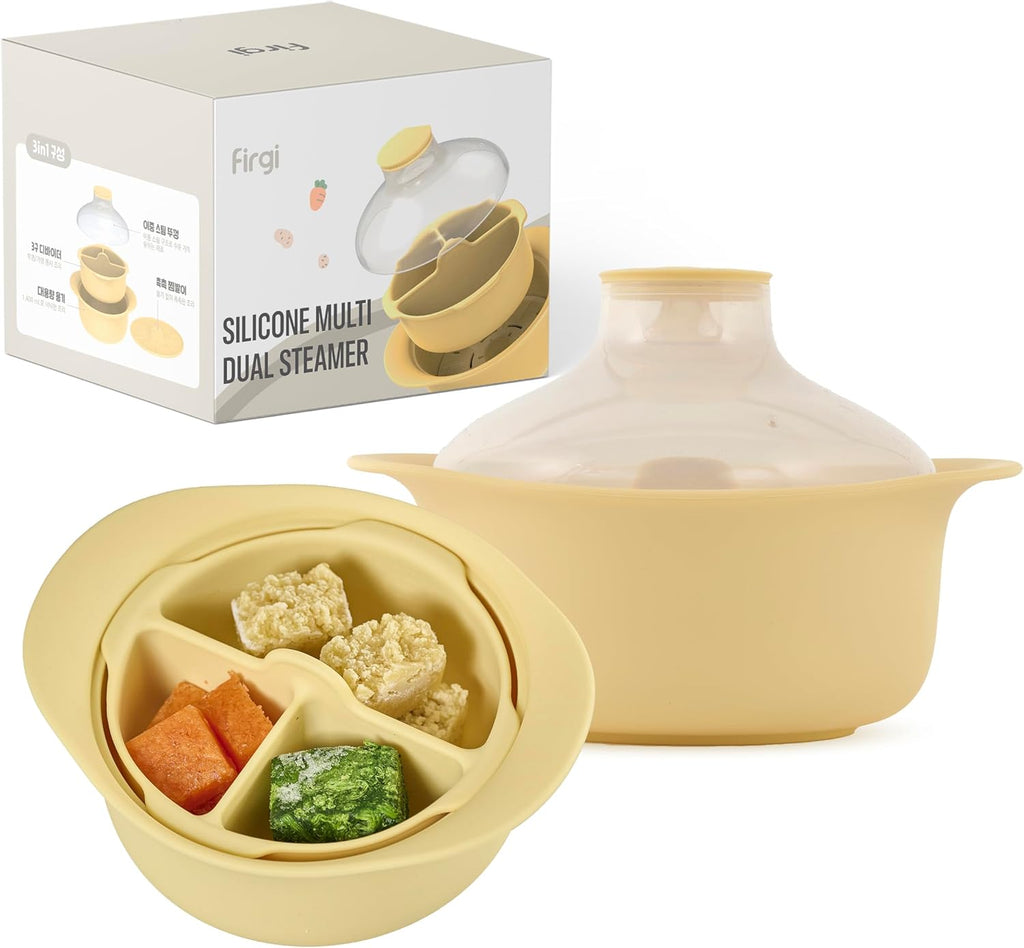 48oz Platinum Silicone 3 Compartmented Microwave Steamer Pot with Handle & Lid - Korean 100% Food-Grade Steamer Bowl, Heat-Resistant Cooker with Steam Holes, Easy Clean, Dishwasher Safe, Yellow