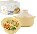 48oz Platinum Silicone 3 Compartmented Microwave Steamer Pot with Handle & Lid - Korean 100% Food-Grade Steamer Bowl, Heat-Resistant Cooker with Steam Holes, Easy Clean, Dishwasher Safe, Yellow