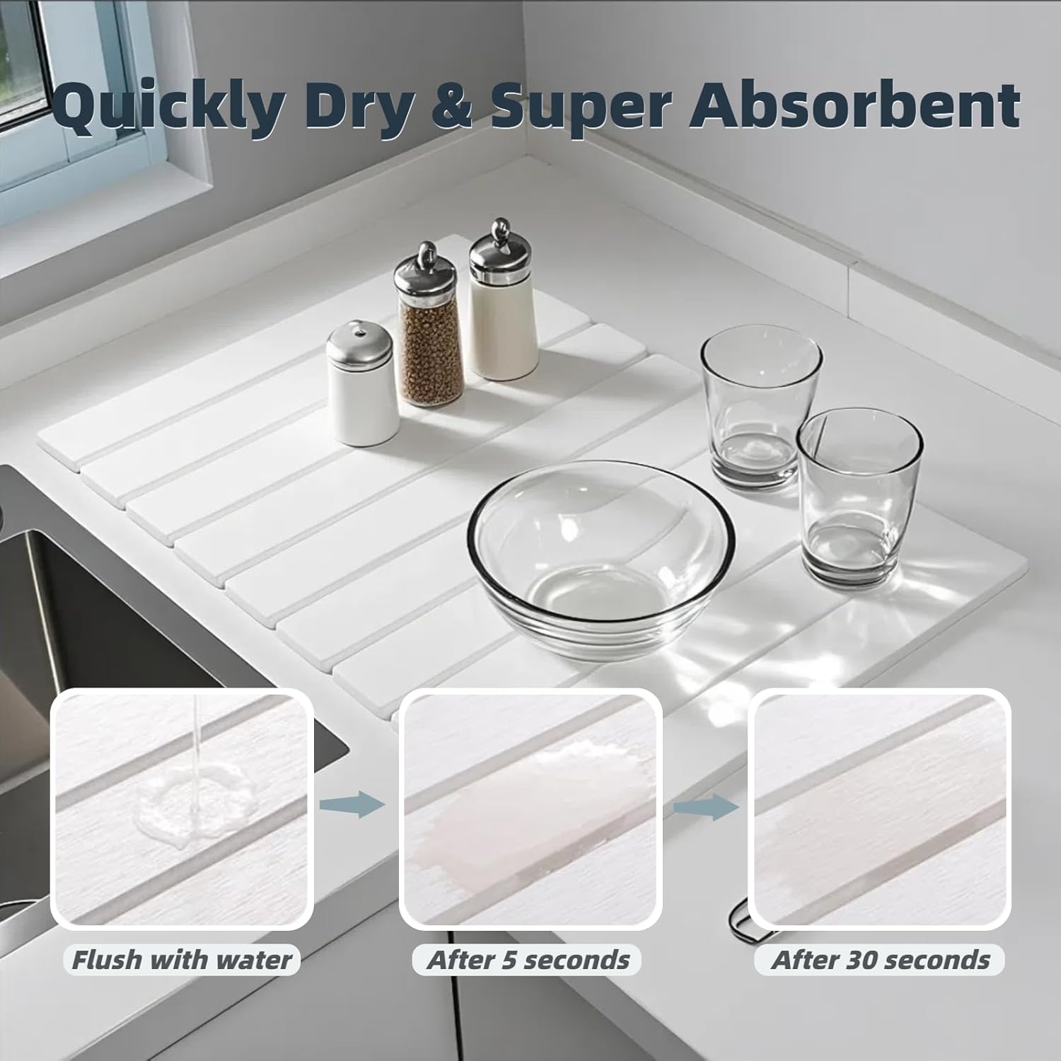 Stone Drying Mat for Kitchen Counter, 23.6" x 15.3" Foldable Diatomaceous Earth Dish Drying Mat - Large Stone Dish Drying Mat for Dishes Cups Bottles Drying, Match Any Countertop (White, Large)