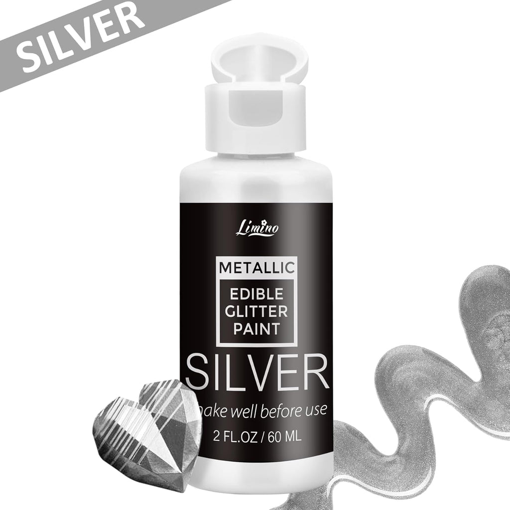 Edible Glitter Paint - 2 fl.oz Food Grade Metallic Glitter Cake Paint for Cake Decorating, Baking, Cupcakes - Shimmer Art Decorative Liquid Edible Paint Food Coloring for Fondant, Donuts (Silver)