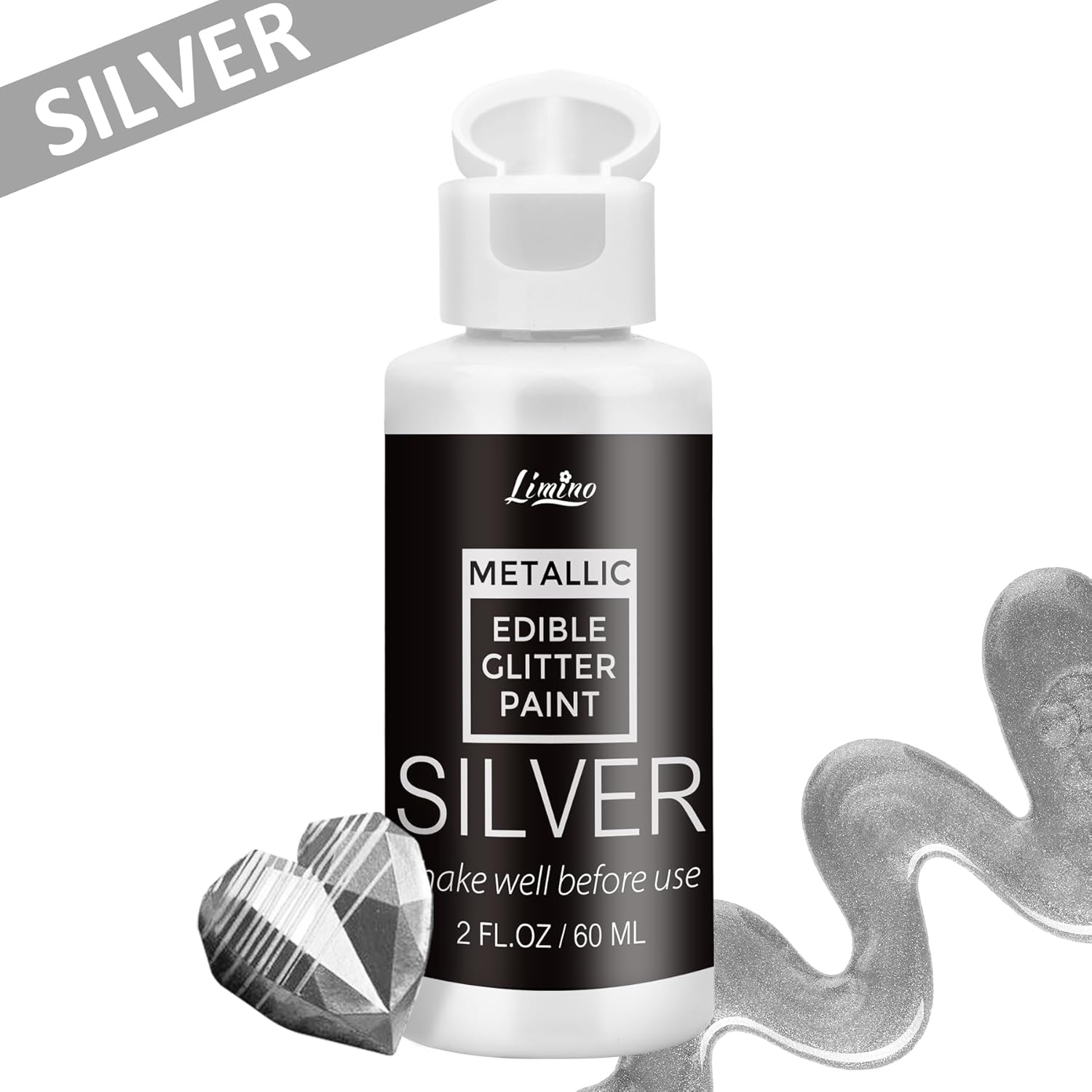 Edible Glitter Paint - 2 fl.oz Food Grade Metallic Glitter Cake Paint for Cake Decorating, Baking, Cupcakes - Shimmer Art Decorative Liquid Edible Paint Food Coloring for Fondant, Donuts (Silver)