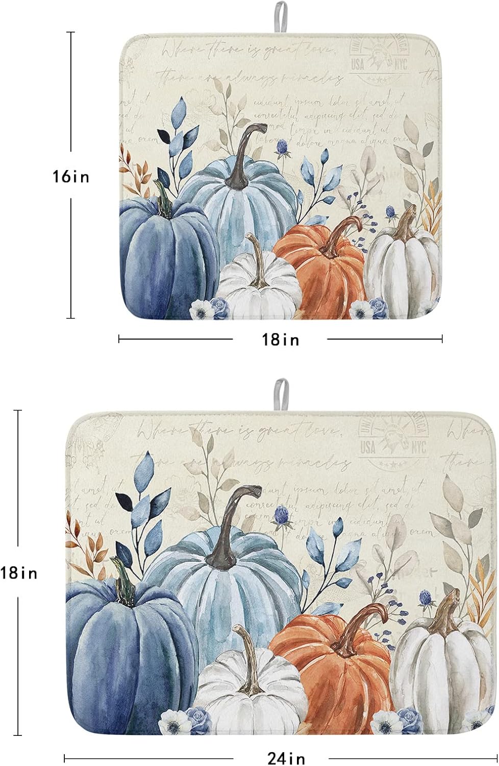Fall Dish Drying Mat for Kitchen Counter Blue Pumpkin Drying Pad Absorbent Drying Mats for Countertops Sinks Draining Racks Floral Leaves Drainer Holiday Harvest Thanksgiving Decorations 16x18