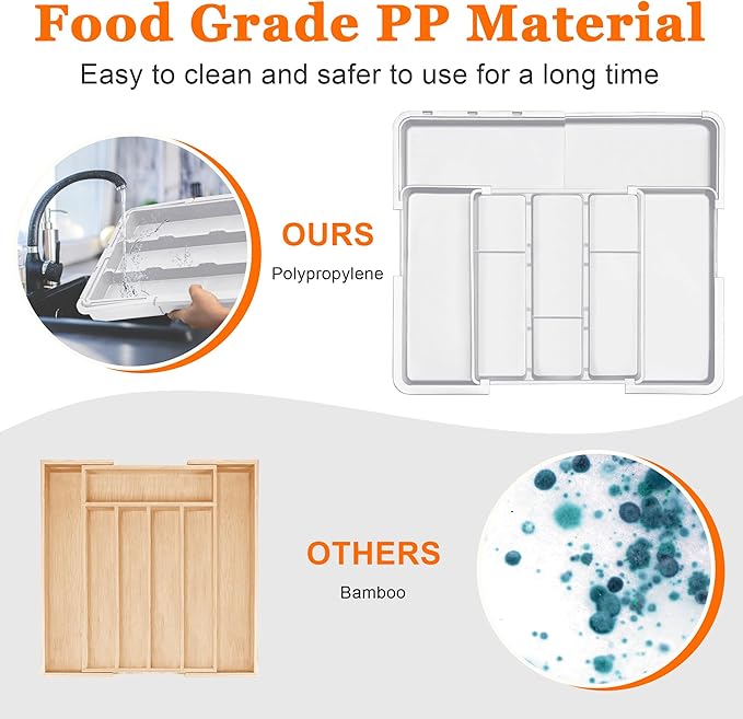 Large Utensil Drawer Organizer Expandable Silverware Organizer for Kitchen Drawer Adjustable Cooking Utensil Holder Cutlery Flatware Tray Spatula Tools Gadgets Storage Dividers Plastic White