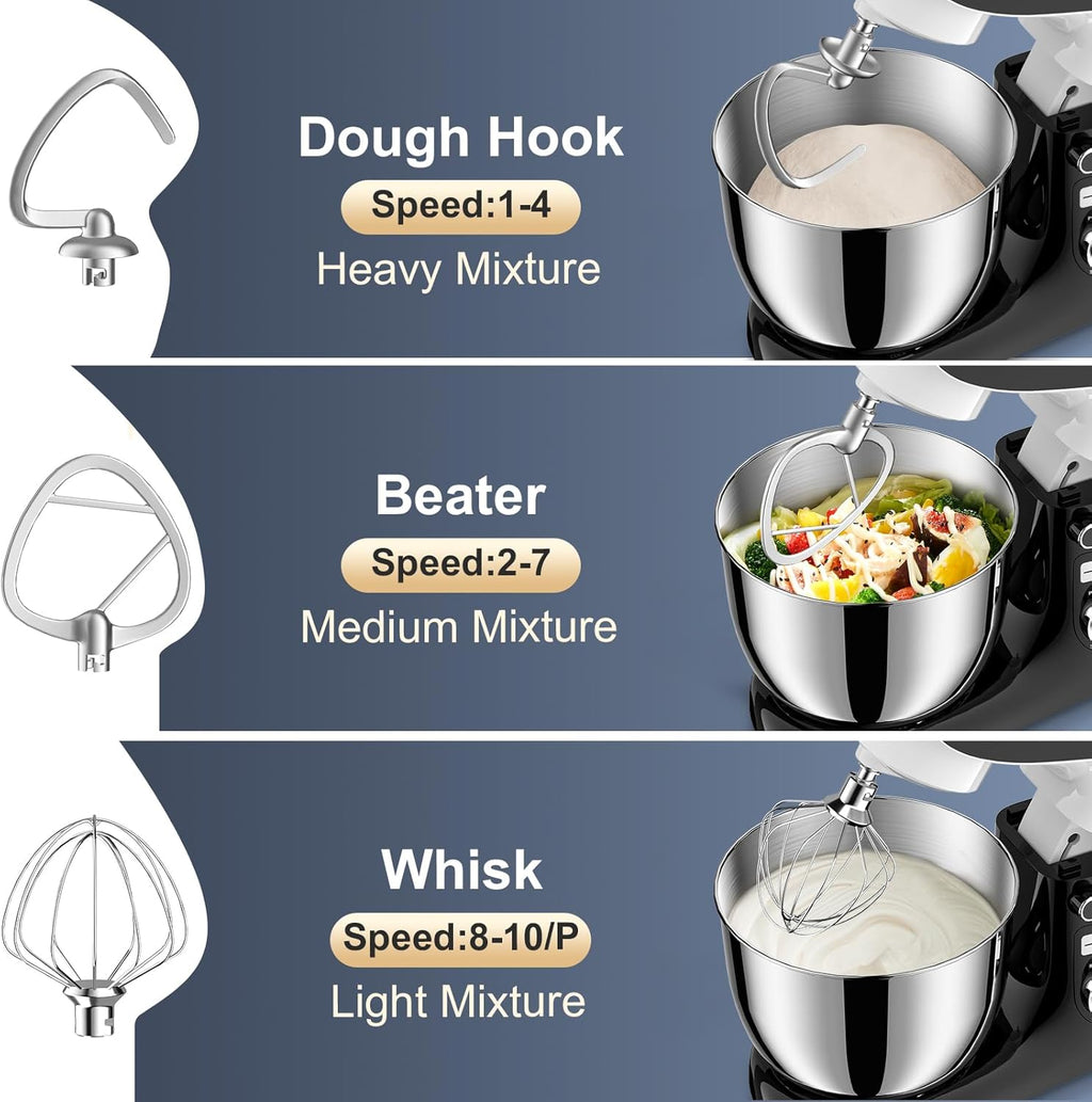 Stand Mixer, POWWA 6.5 QT 10 Speeds Tilt-Head Electric Stand Mixer, 3-In-1 Kitchen Mixer with Bowl, Dough Hook, Whisk and Beater, Food Mixer for Baking and Daily Use (Black White)