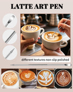 Milk Frothing Pitcher, 900ml/32oz Stainless Steel Milk Frother Cup Steaming Pitcher Espresso Machine Accessories with Decorating Art Pen, Powder Shaker, 16 PCS Coffee Decorating Stencils