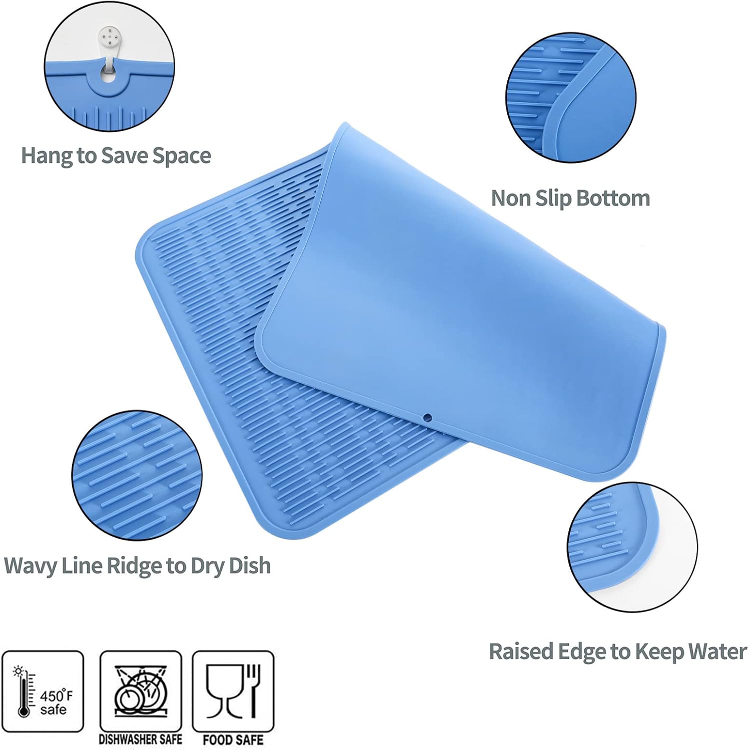 Silicone Dish Drying Mat for Multiple Usage,Easy clean,Eco-friendly,Heat-resistant Silicone Mat for Kitchen Counter or Sink,Refrigerator or Drawer Liner Lichen BlueL 4XL 32 inches x 18 inches