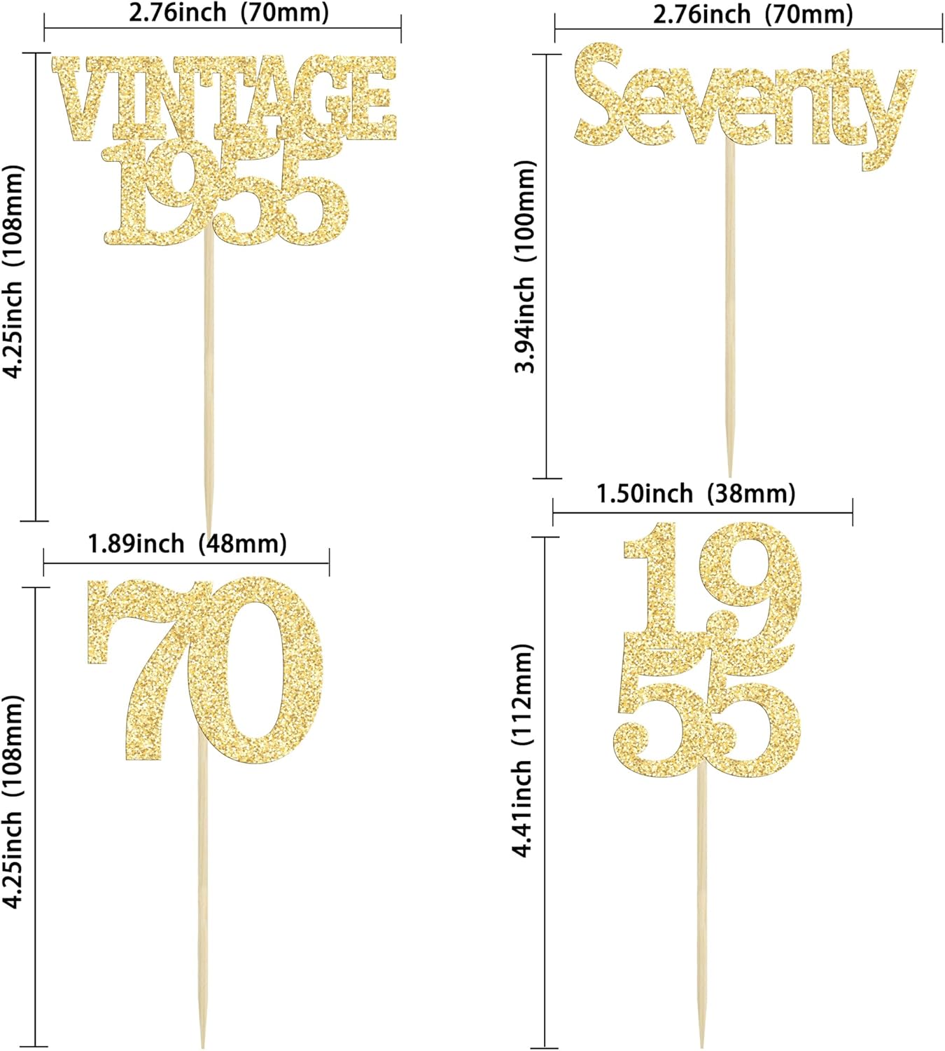 Gyufise 24Pcs 70th Birthday Cupcake Toppers Glitter Cheers to 70 Fabulous Seventy Vintage 1955 Cupcake Picks 70th Birthday Wedding Anniversary Party Cake Decorations Supplies Gold