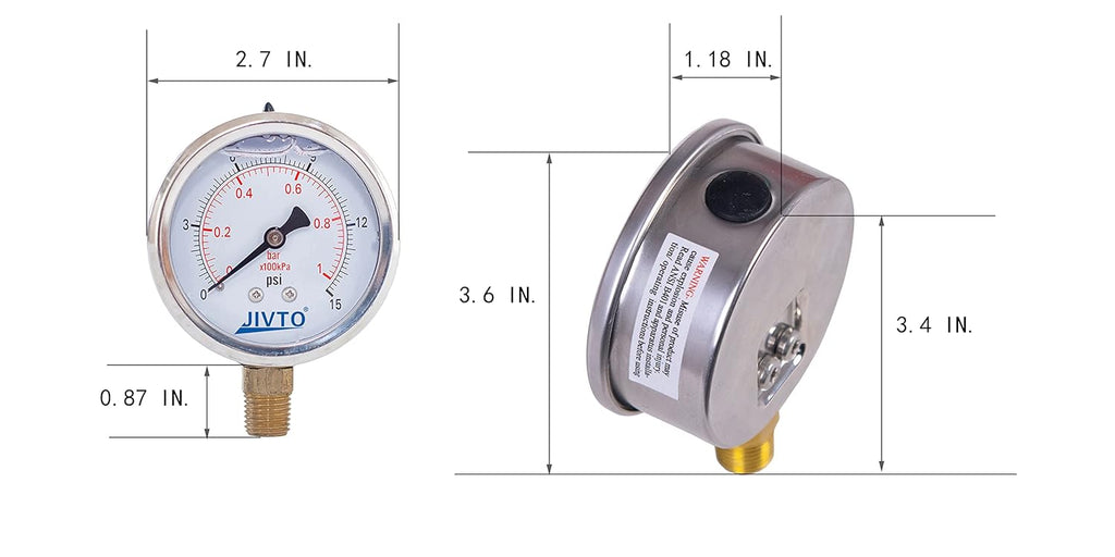 Pressure Gauge,Glycerin Liquid Filled,2.5" Dual Scale Dia,0-15 psi/bar/kpa,1/4" NPT Male Brass Connection,Lower Mount, Stainless Steel Case,for Pneumatic,Pump,Hose,Well Tank,Gas Air Water Oil