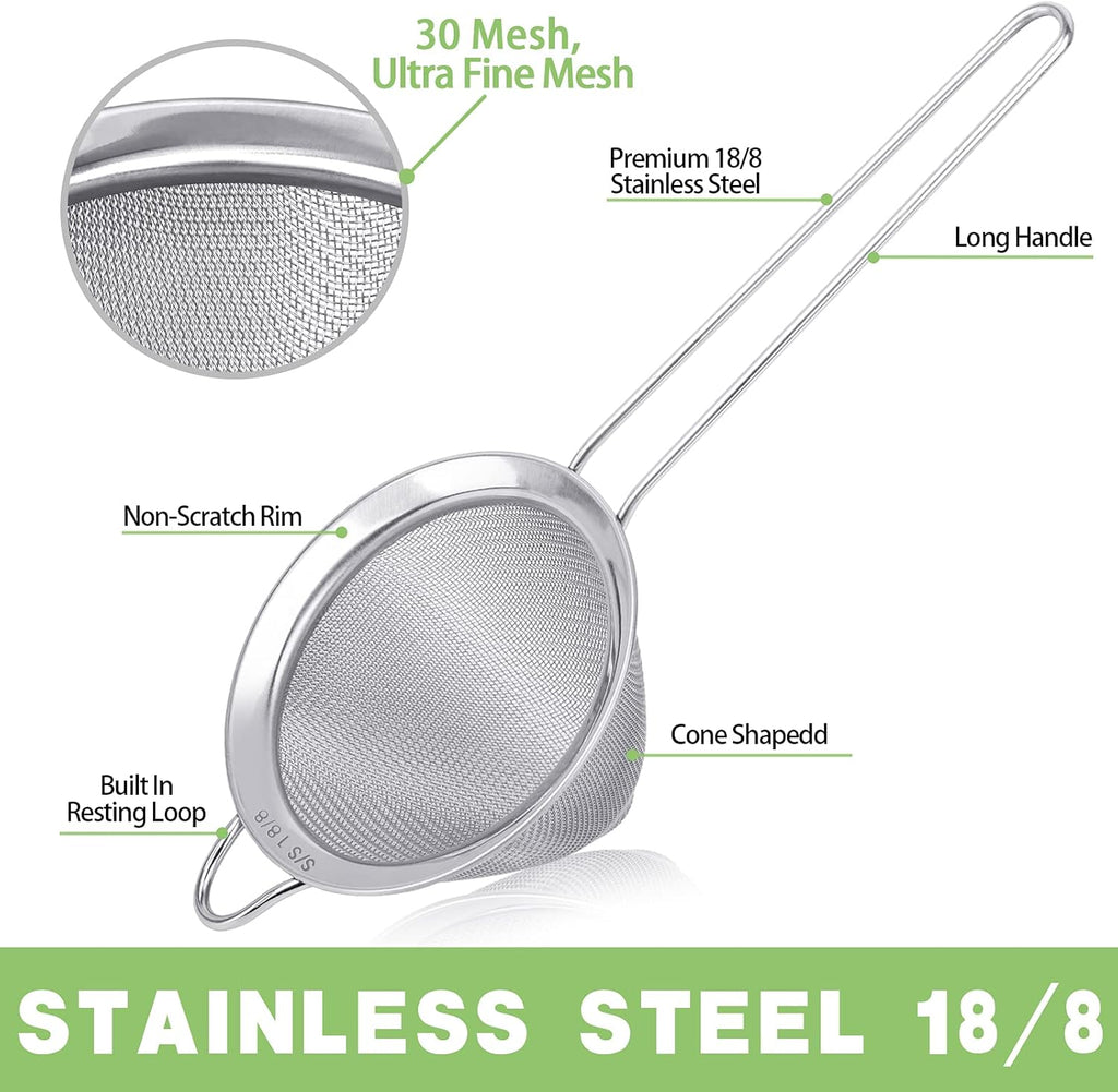 2 Pack Stainless Steel 18/8 Small Food Strainer, Fine Mesh Sieve with Long Handle, Cocktail Strainer For Cocktails, Tea Herbs, Coffee & Drinks, Rust Proof & Great as Tea Strainer, 3.5inch