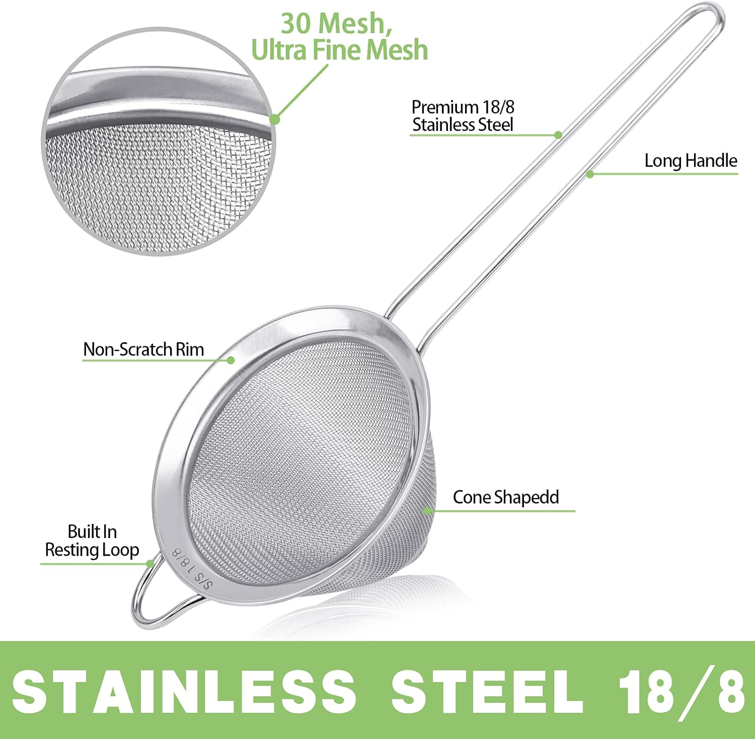 2 Pack Stainless Steel 18/8 Small Food Strainer, Fine Mesh Sieve with Long Handle, Cocktail Strainer For Cocktails, Tea Herbs, Coffee & Drinks, Rust Proof & Great as Tea Strainer, 3.5inch
