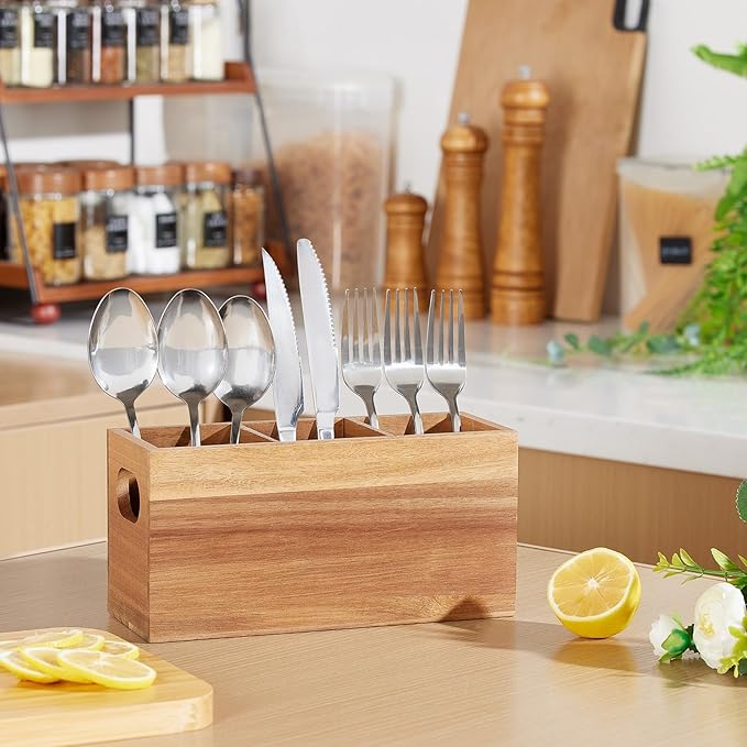 Acacia Wooden Silverware Holder,Kitchen Utensil Caddy with 3 Compartments,Cutlery Storage Organizer Countertop,Flatware Organizer for Party,Spoon, Fork Holder