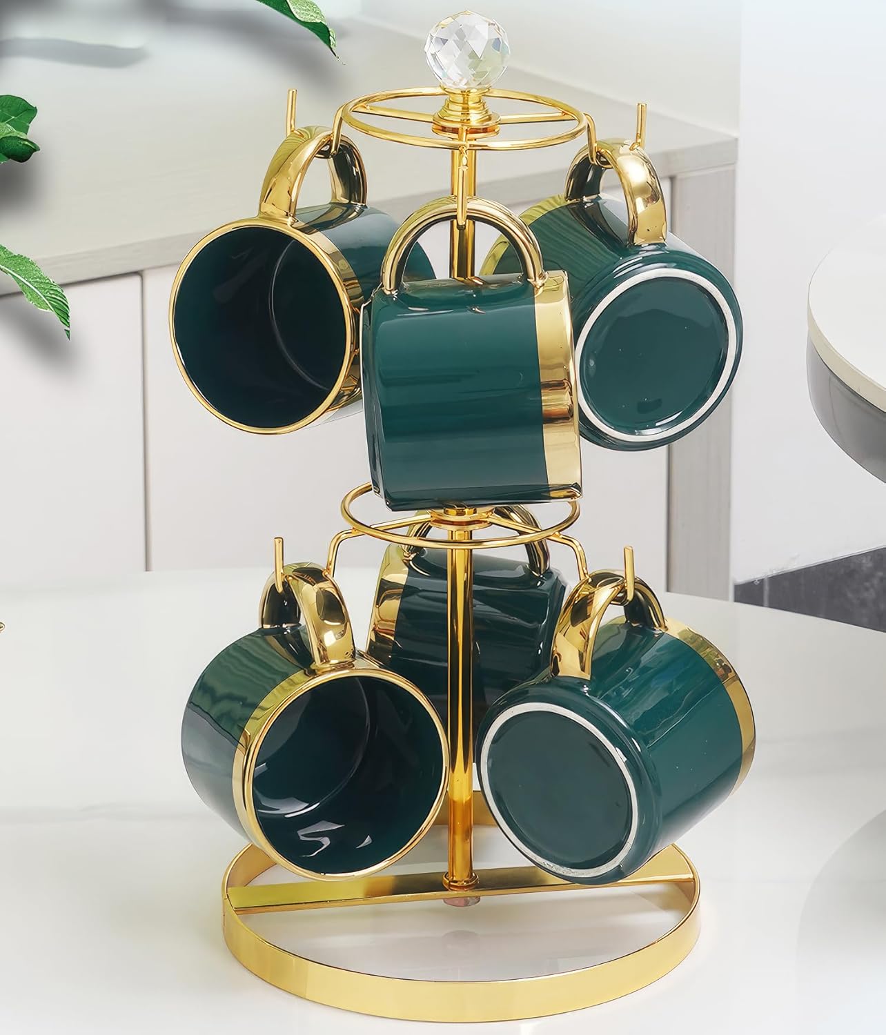 Coffee Mug Tree Holder for Counter,Double Tier Mug TeaCup Metal Holders Countertop,Golden Coffee Mug Tea Cup Stand Rack for Counter Top 6 Hooks(Gold,Crystal Ball)