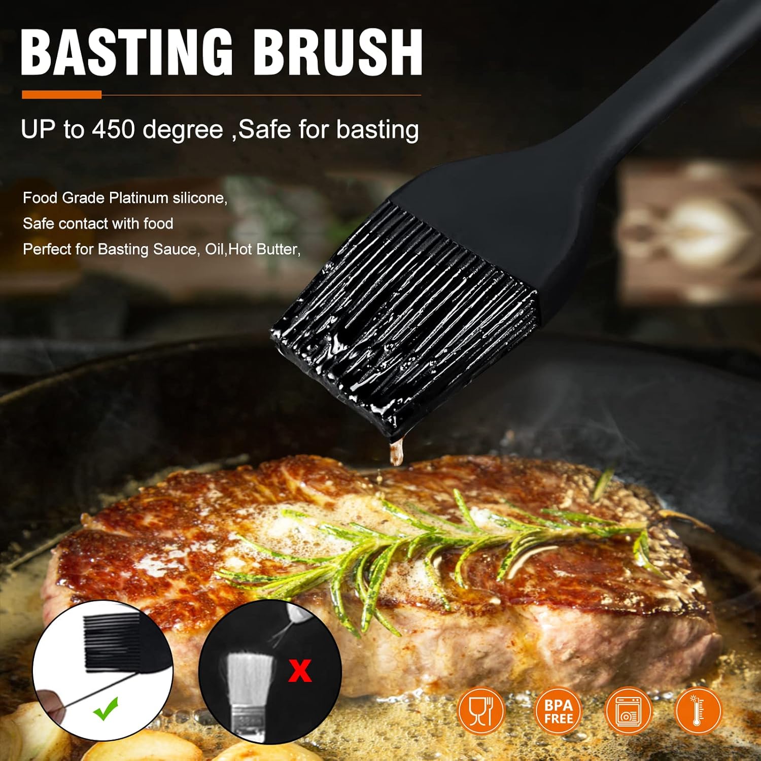 Walfos Silicone Basting Brush Set, 5 Pieces Heat Resistant Pastry Brush, Perfect for Baking,BBQ Grill,Kitchen Cooking,Strong Steel Core and One-Pieces Design,BPA Free and Dishwasher Safe