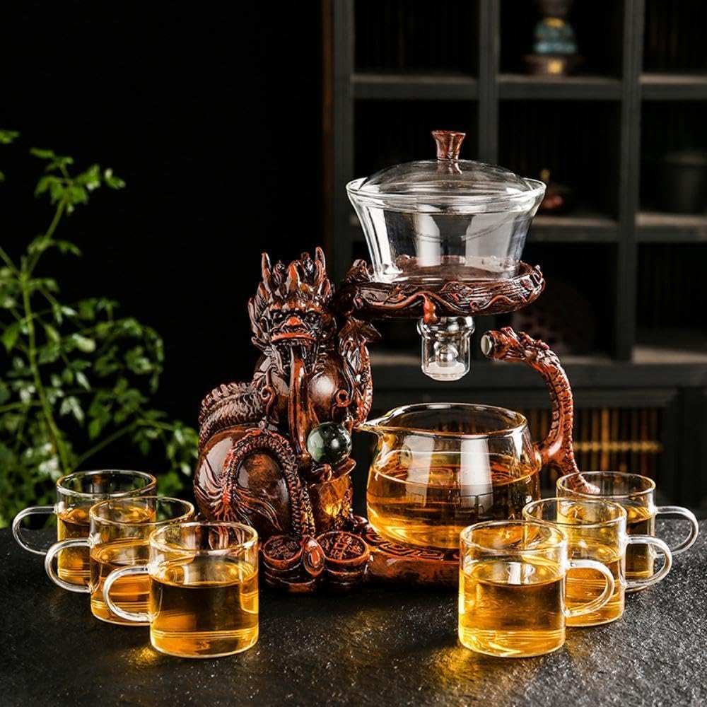 Glass Teapot Set with Infuser Semi Automatic Dragon Tea Set with 6 Small Cups (red dragon)
