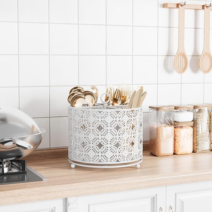 Rotating Utensil Caddy Holder - Higher Raised Cutlery Caddy Countertop - Metal Silverware Caddy Organizer with 4 Compartment for Kitchen Counter Party Office white