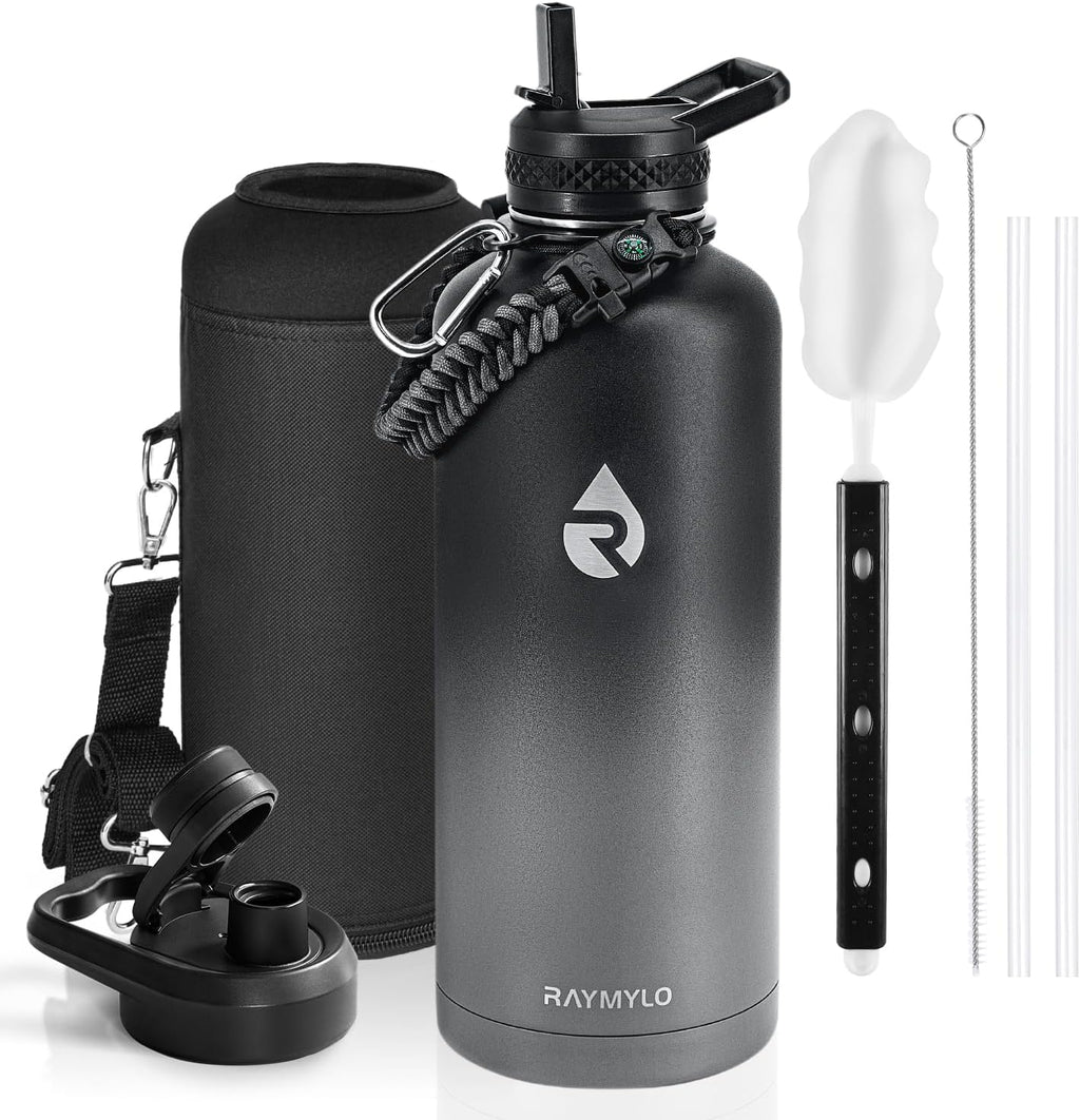 Insulated Water Bottle 87 oz, Triple Wall Vacuum Stainless Steel (Cold for 48 Hrs), Leak Proof & Non-BPA, Modern Water Flask Jug with Paracord Handle & Straw Spout Lids, Dark Grey