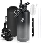 Insulated Water Bottle 87 oz, Triple Wall Vacuum Stainless Steel (Cold for 48 Hrs), Leak Proof & Non-BPA, Modern Water Flask Jug with Paracord Handle & Straw Spout Lids, Dark Grey