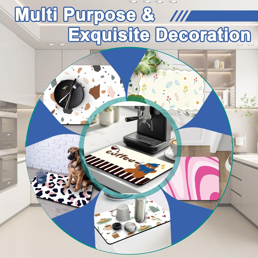 Coffee Bar Mat for Countertop, 17" X 28” Super Absorbent Dish Drying Mat, Large Kitchen Counter Mats Fits Under Coffee Maker, Non-slip Espresso Machine Pad, Outlined Floral