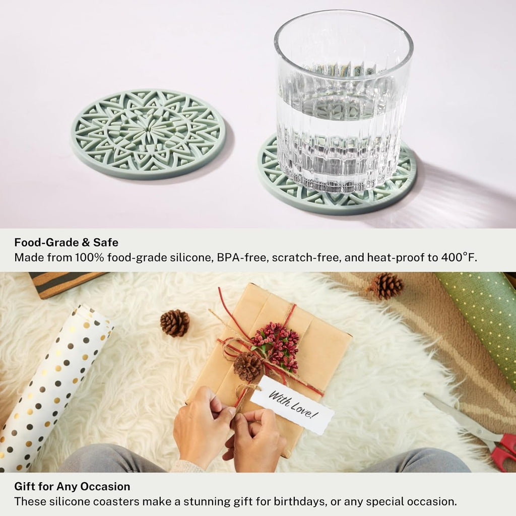 Set of 6 Sage Green Silicone Coasters with Holder, Drink Coasters with Tribal Pattern Shape- for Table Protection, Anti Slip, Nonstick, Heat Resistant, Deep Tray