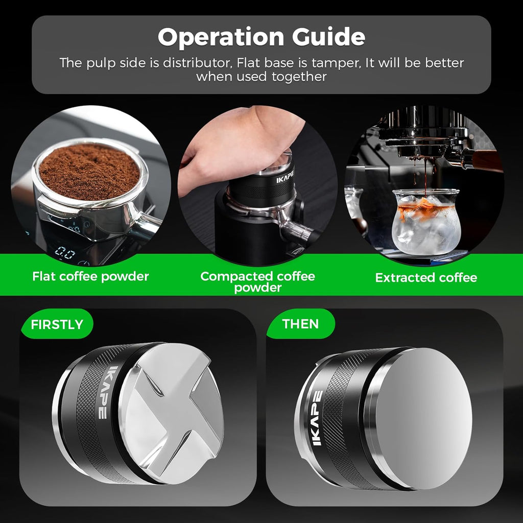 IKAPE Coffee Products, 51mm Coffee Distributor & Hand Tamper, Adjustable Depth Espresso Distributor Fits All 51mm Espresso Portafilter, Compatible with Delonghi Bottomless Portafilter (Black)