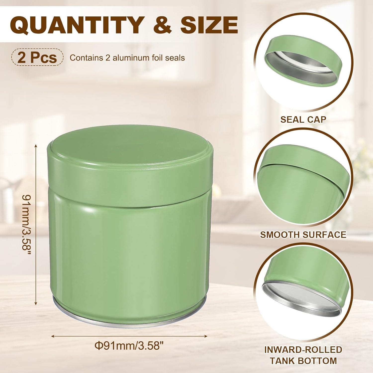 uxcell 2Pcs Round Tea Canisters, 4" x 4" Airtight Metal Tea Containers for Loose Tea, Coffee Beans, Spices - Durable, Compact, and Stylish Storage Tea Tin (Silver Green)
