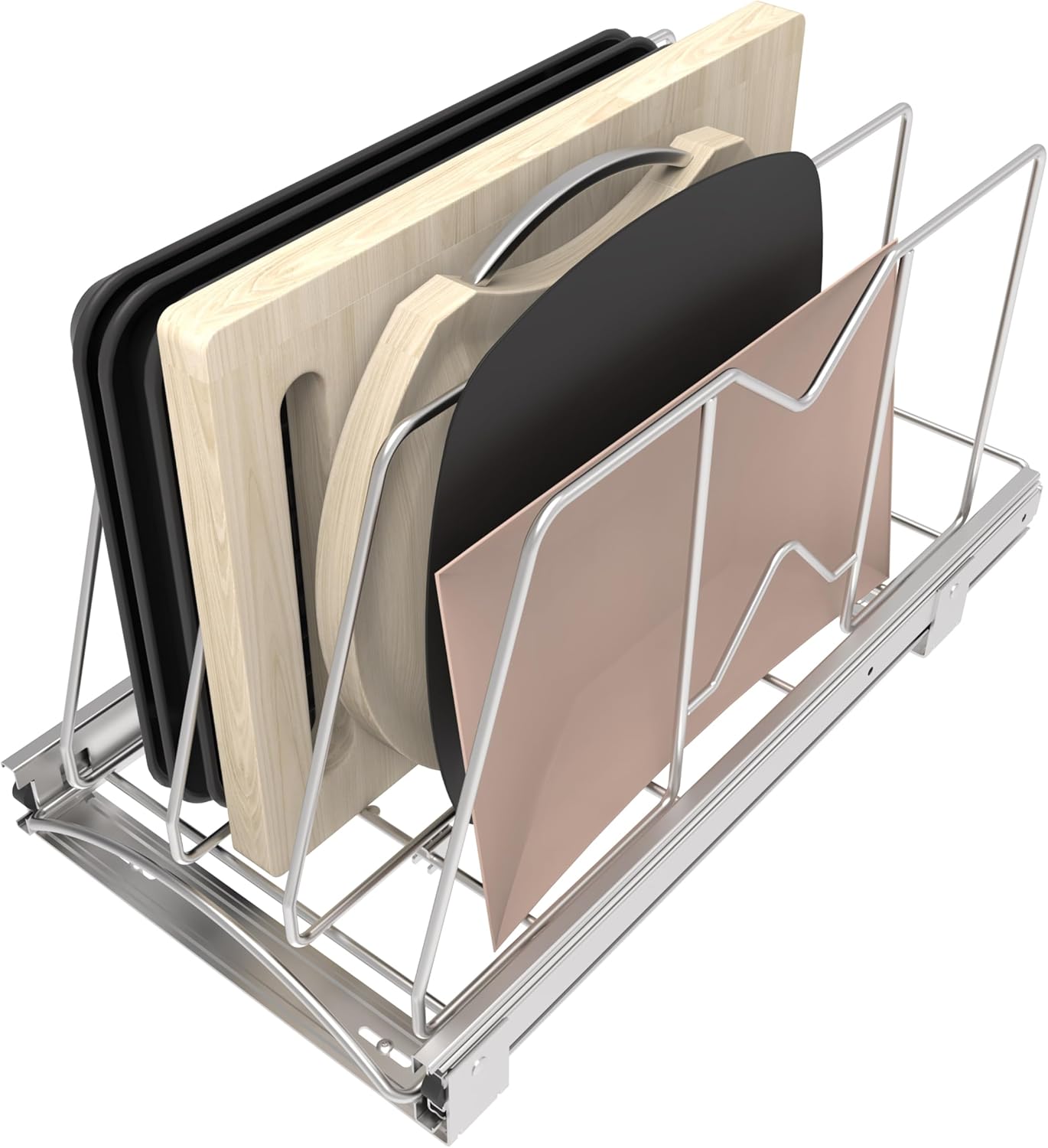 Pull Out Cookie Sheet Organizer for Cabinet, Pan and Pot, Cutting Board, Bakeware, Tray Organizer Rack, Sliding Rack- Heavy Duty, Adjustable Divider Width, 10" W x 22" D x 11" H, Chrome