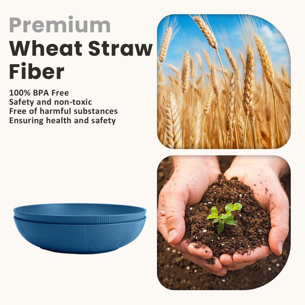 Homienly Wheat Straw Bowls, Salad Bowls, Serving Bowls for Kitchen, Camping, Picnic, Fruit, 60 OZ Large Capacity, Microwave and Dishwasher Safe, Set of 2 (Blue)