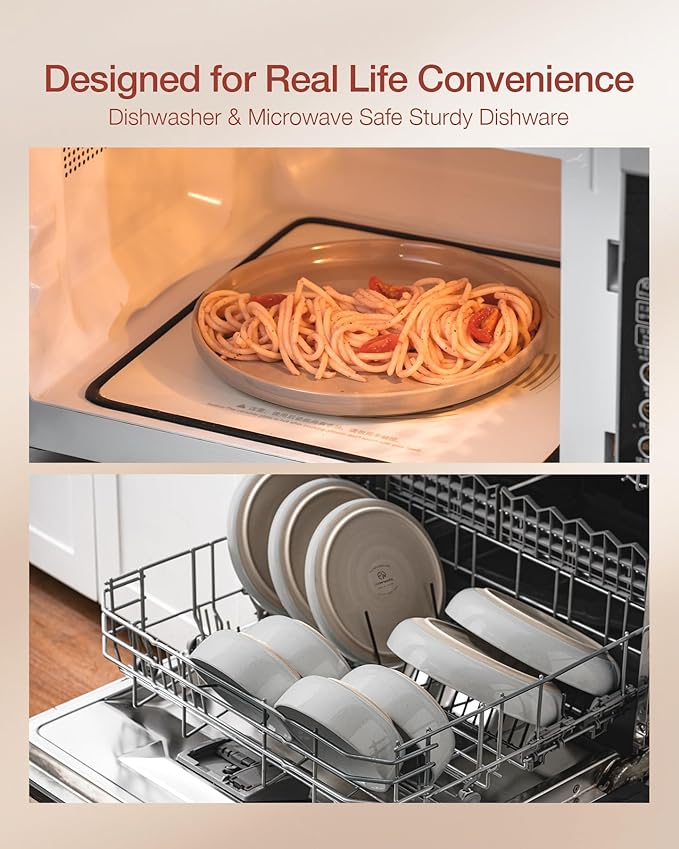 Famiware Milkyway Stoneware Dinnerware Sets with Mugs, Service for 6 (24 Pieces), Plates and Bowls Sets -Scratch Resistant, Microwave and Dishwasher Safe Dishes Set, Light Gray