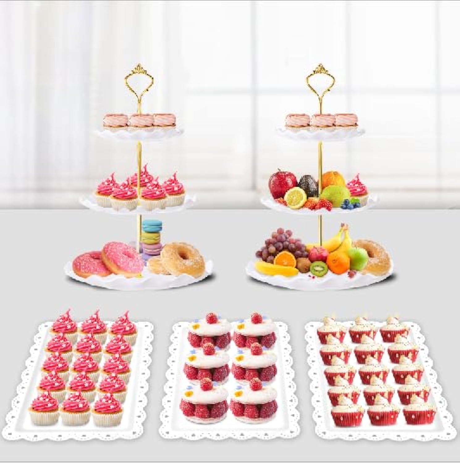 PinCute 5 Pcs Dessert Table Display Set - 2 X Cupcake Stand Holder/Cup Cake Tier Tower & 3 X Serving Tray Combo for Tea Party, Birthday, Baby Shower (Wave Round)
