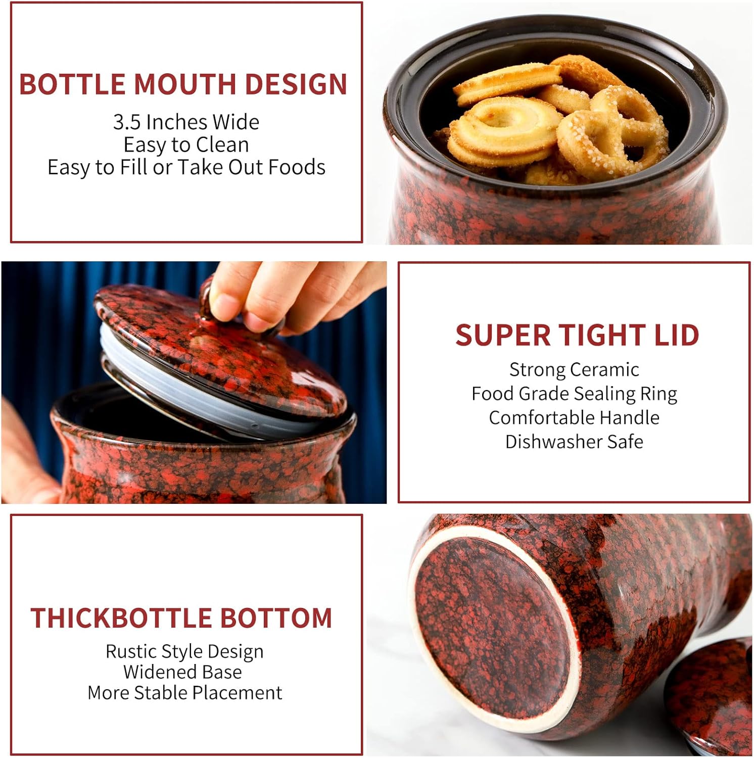 Ceramic Food Storage Jar, Coffee Canister for Countertop with Lids Airtight, Large Flour,Spices,Beans,Rice and Candies Containers for Kitchen and Home,Gift for Halloween,Farmhouse,35 OZ Red