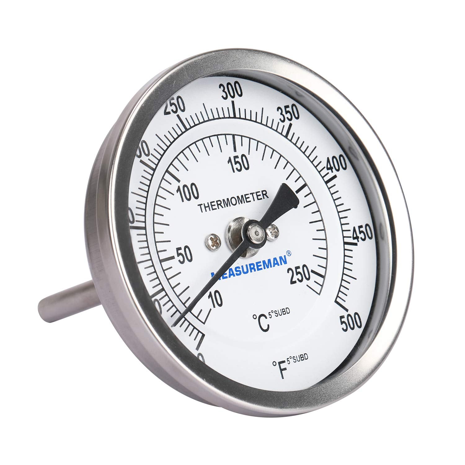 Measureman Fully Stainless Steel Bimetal Dial Thermometer, 3" Dial, 2-1/2" Stem, 50-550 deg F/10-260 deg C, -1% Accuracy, Adjustable, 1/2" NPT Back Mount