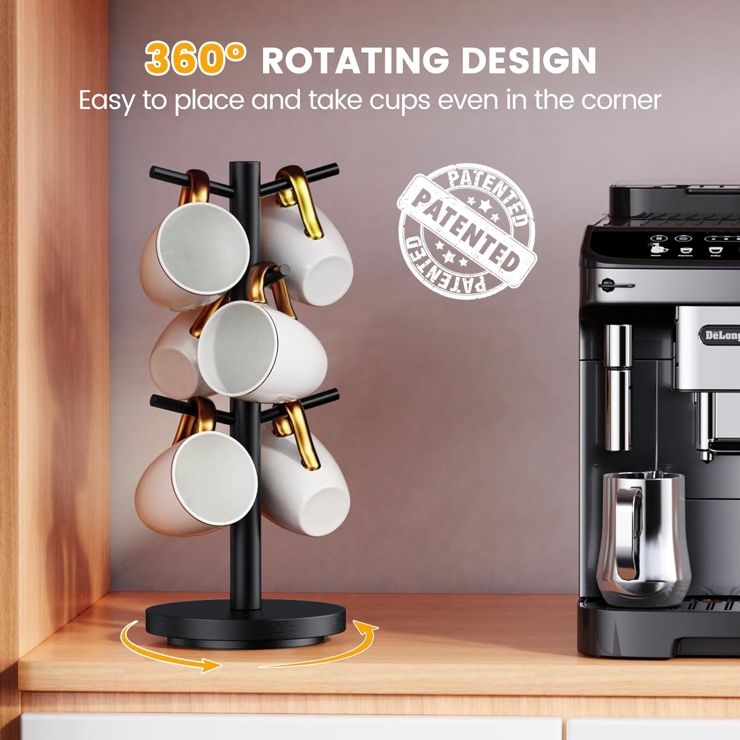 Coffee Mug Holder Tree, Upgraded 360° Rotated Cup Holder for Counter, Wood Mug Rack with 6 Hooks, Coffee Mug Organizer Station, Mug Stand Bar Accessories, Black