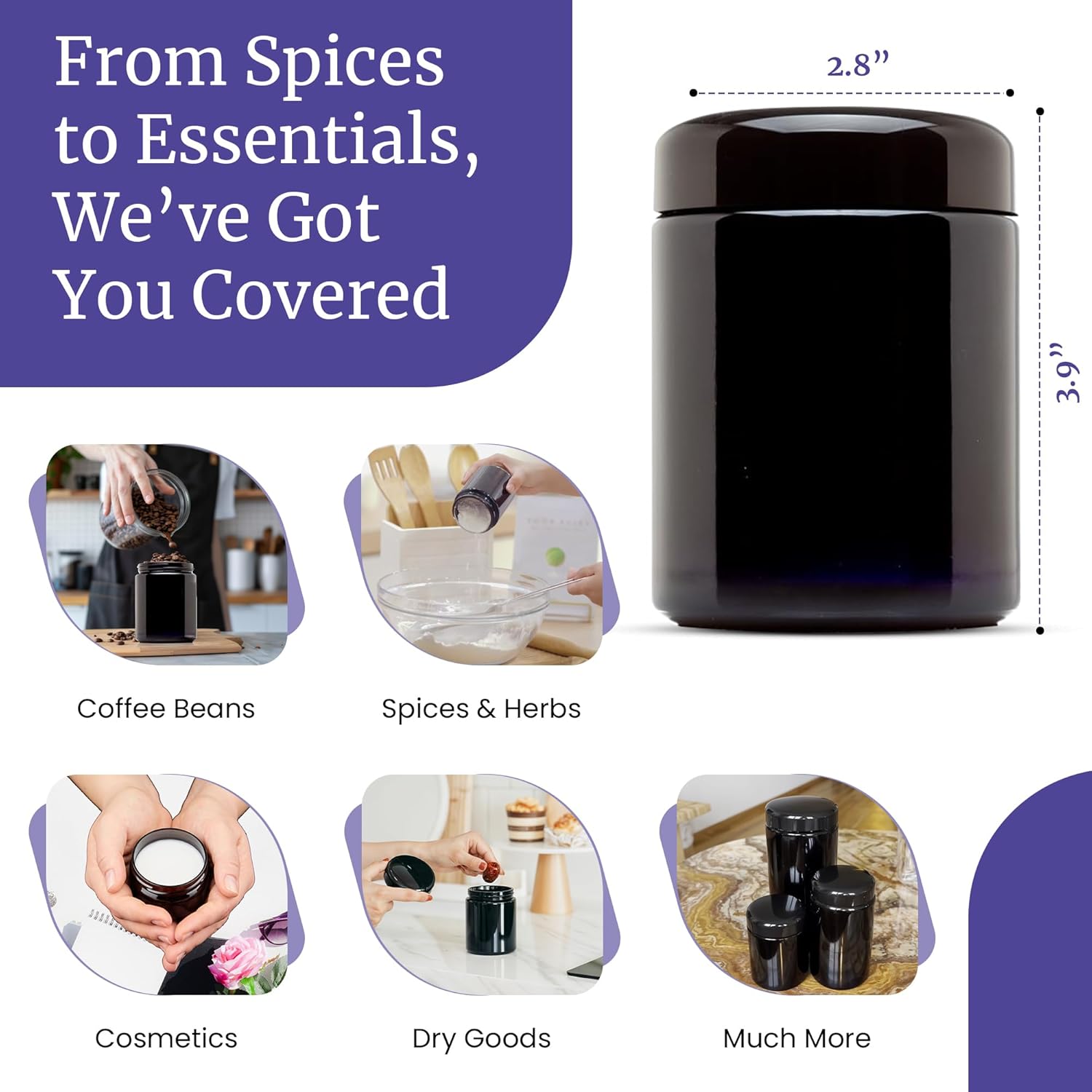 Infinity Jars 250 ml (8.3 fl oz) Tall Black Ultraviolet Refillable Empty Glass Screw Top Jar