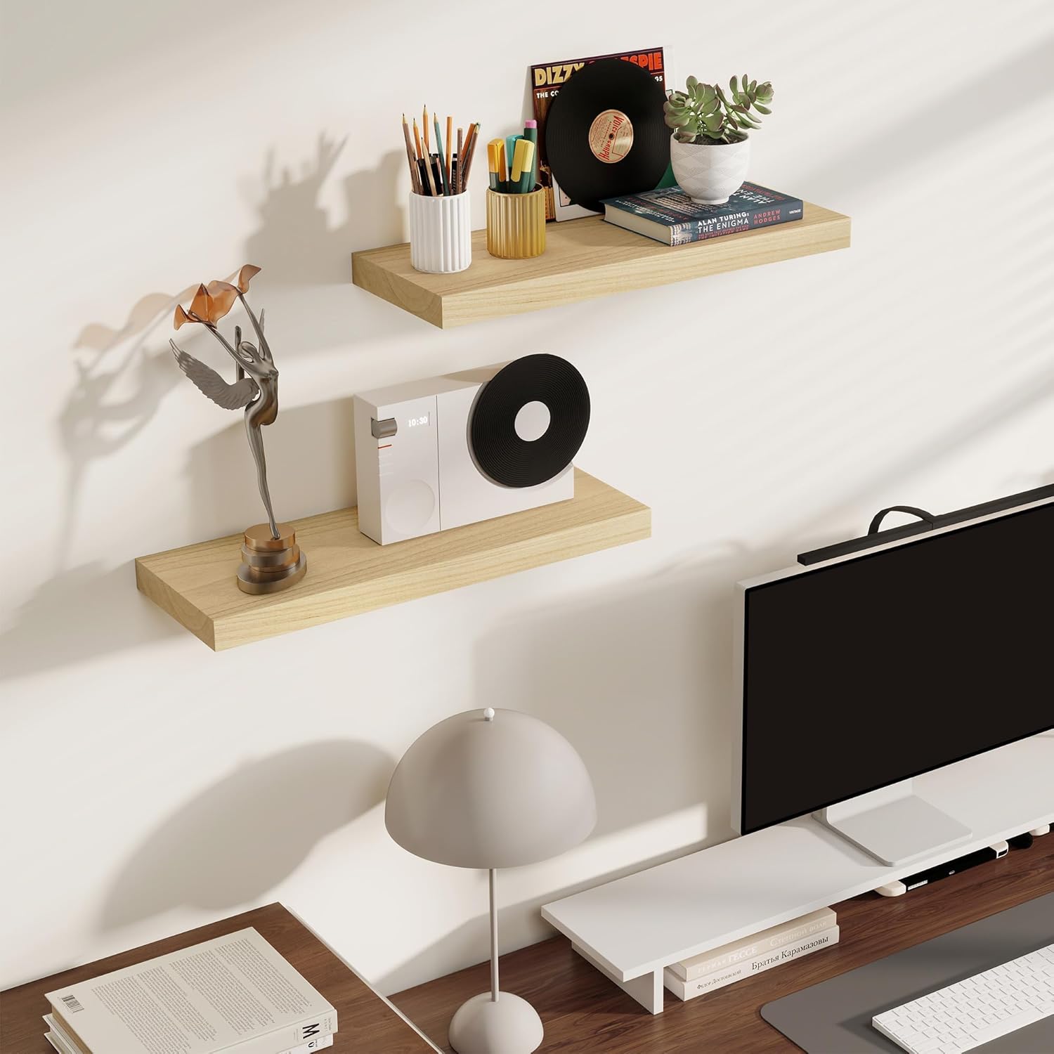 Fun Memories Rustic Floating Shelves for Home Decor, 8 Inch Deep Floating Shelf, Solid Wood Floating Wall Shelves 24 Inch Long, Deep Wall Shelves for Bathroom, Living Room, Natural Finsh, Set of 2