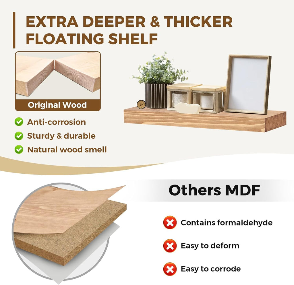 17x8x1.6 inch Floating Shelves Set of 2 – Solid Wood Rustic Oak Wall Mounted Shelf for Kitchen, Bathroom, Living Room