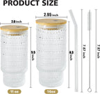 4 Pcs 16 oz Glasses Cups Set with Bamboo Lids Straws Brush Hobnail Glassware Set for Juice Iced Coffee Beer and Cocktail Whiskey