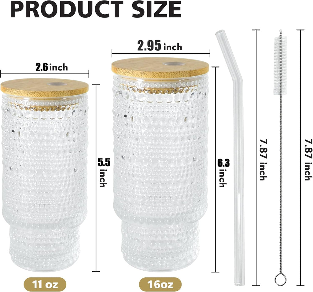 2 Pcs 11 oz Drinking Glasses Cups Set with Bamboo Lids Straws Brush Hobnail Small Drinking Glassware Set for Juice Iced Coffee Beer Cocktail Whiskey(Hobnail*2)