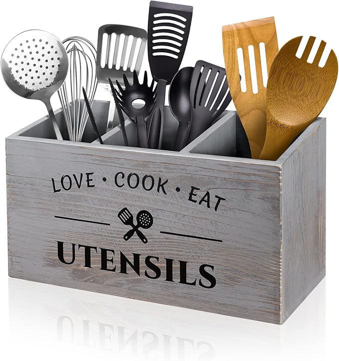 Utensil Holder with 3 Compartments, Rustic Wood Utensil Caddy Crocks for Kitchen Counter, Farmhouse Flatware Organizer Storage Box for Silverware Fork Spoon Spatula